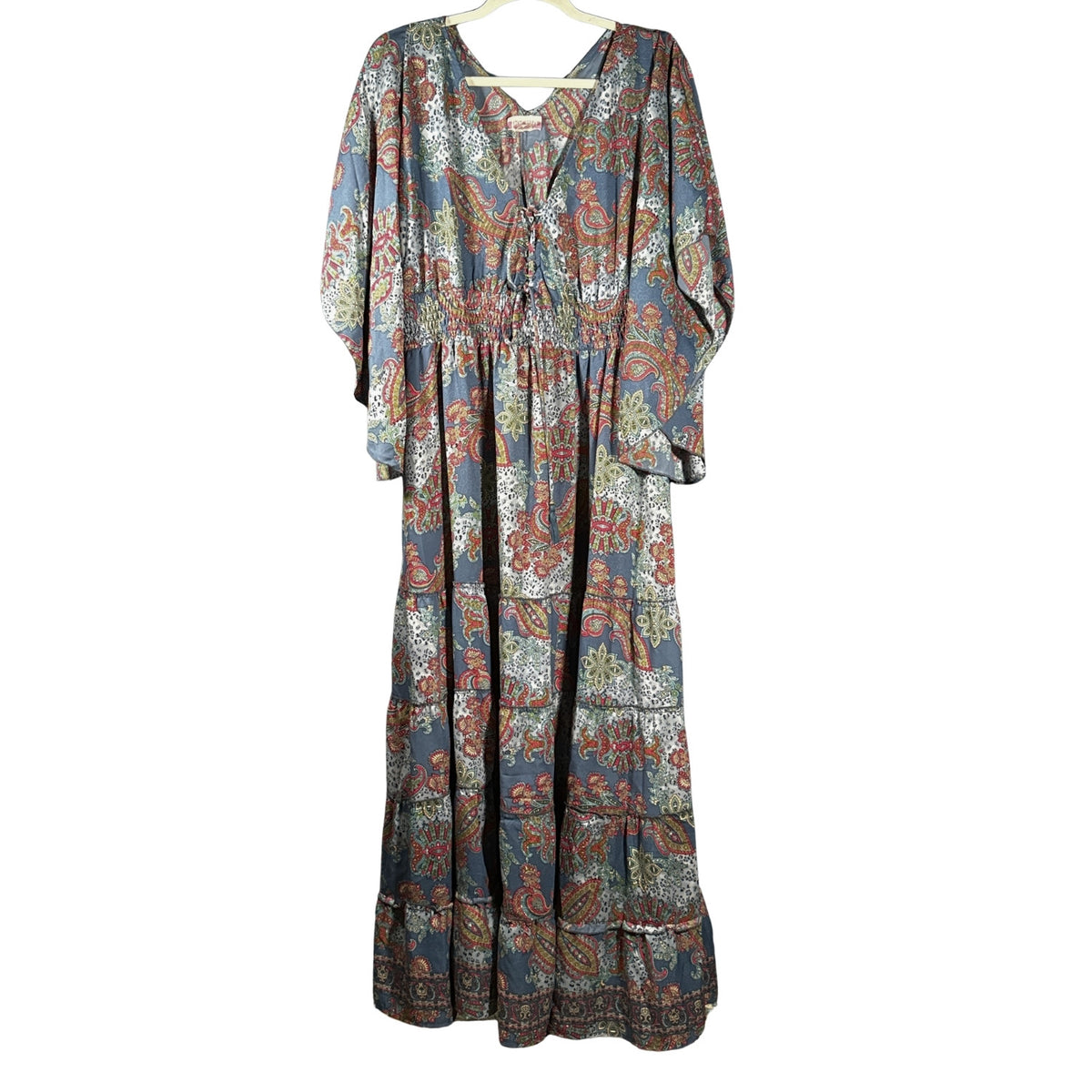 Boemo women's size large blue-gray maxi dress with multicolor paisley floral print, V-neckline, smocked waist, and tiered skirt.