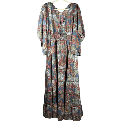 Boemo women's size large blue-gray maxi dress with multicolor paisley floral print, V-neckline, smocked waist, and tiered skirt.