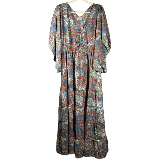 Boemo women's size large blue-gray maxi dress with multicolor paisley floral print, V-neckline, smocked waist, and tiered skirt.