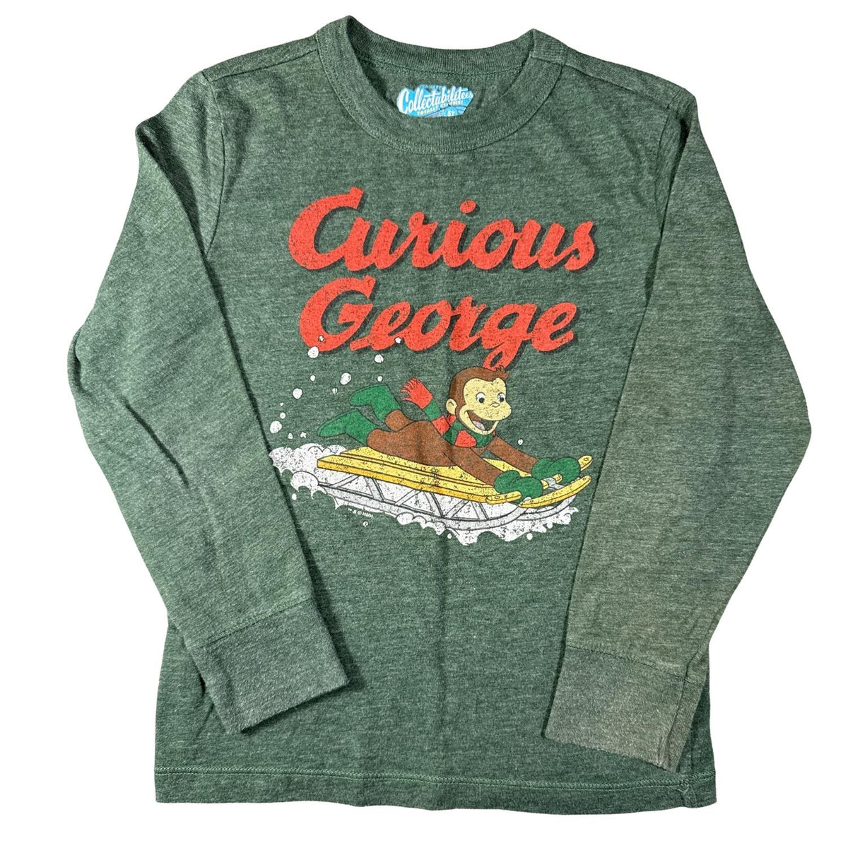Old Navy Collectabilitees boys’ size 5T green heather Curious George winter graphic long-sleeve shirt.