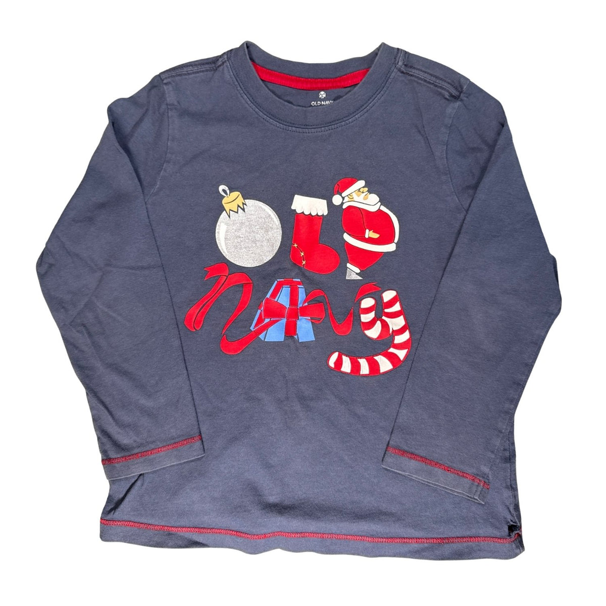 Old Navy boys’ size 5T dark blue long-sleeve Christmas shirt with festive Santa graphic and red trim.
