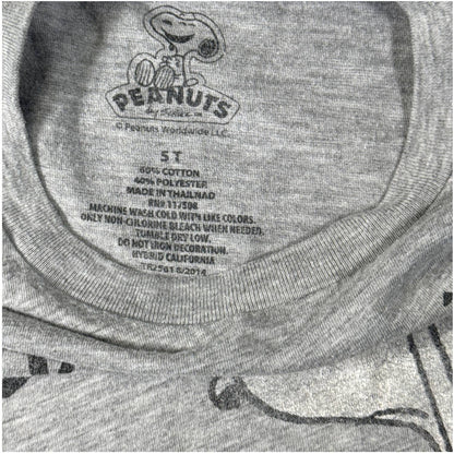 Printed Peanuts size 5T, 60% cotton, and 40% polyester label inside the Halloween shirt.