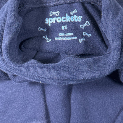 Printed Sprockets size 5T and 100% cotton label inside the blue turtleneck.