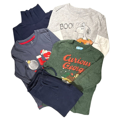 Five-piece boys’ size 5T seasonal play-clothes bundle with four long-sleeve tops and blue sweatpants.
