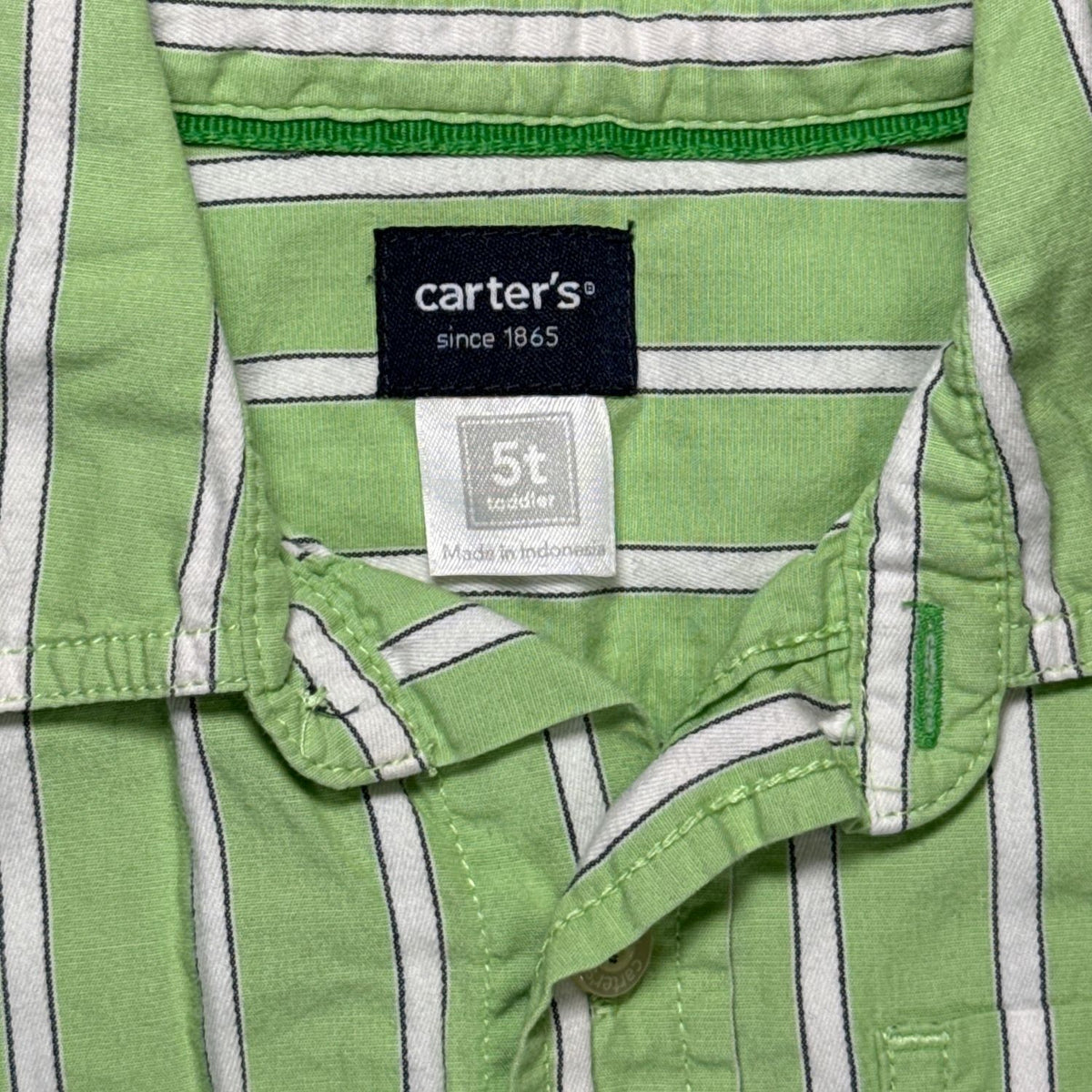 Carter’s green striped button-up shirt label showing boys size 5T