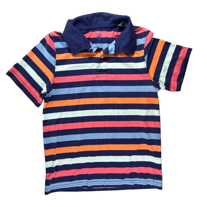 J. Khaki boys’ Medium navy blue polo with coral, orange, light blue, and pale green horizontal stripes.