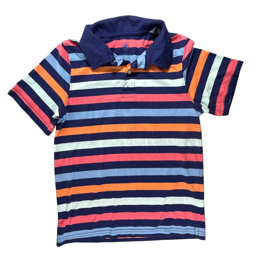 J. Khaki boys’ Medium navy blue polo with coral, orange, light blue, and pale green horizontal stripes.