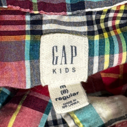 Close-up of the Gap Kids M size 8 Regular tag inside the multicolored plaid shirt.