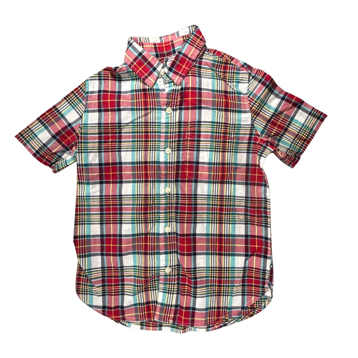 Gap Kids boys’ size M 8 Regular short-sleeve button-front shirt in multicolored madras plaid.
