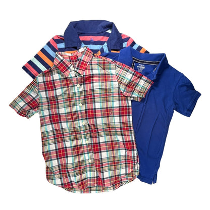 Three-piece boys’ collared shirt bundle with J. Khaki striped polo, Gap plaid shirt, and royal blue Children’s Place polo.
