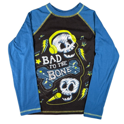 Circo boys blue and black long-sleeve pajama top with Bad to the Bone headphone skull graphic