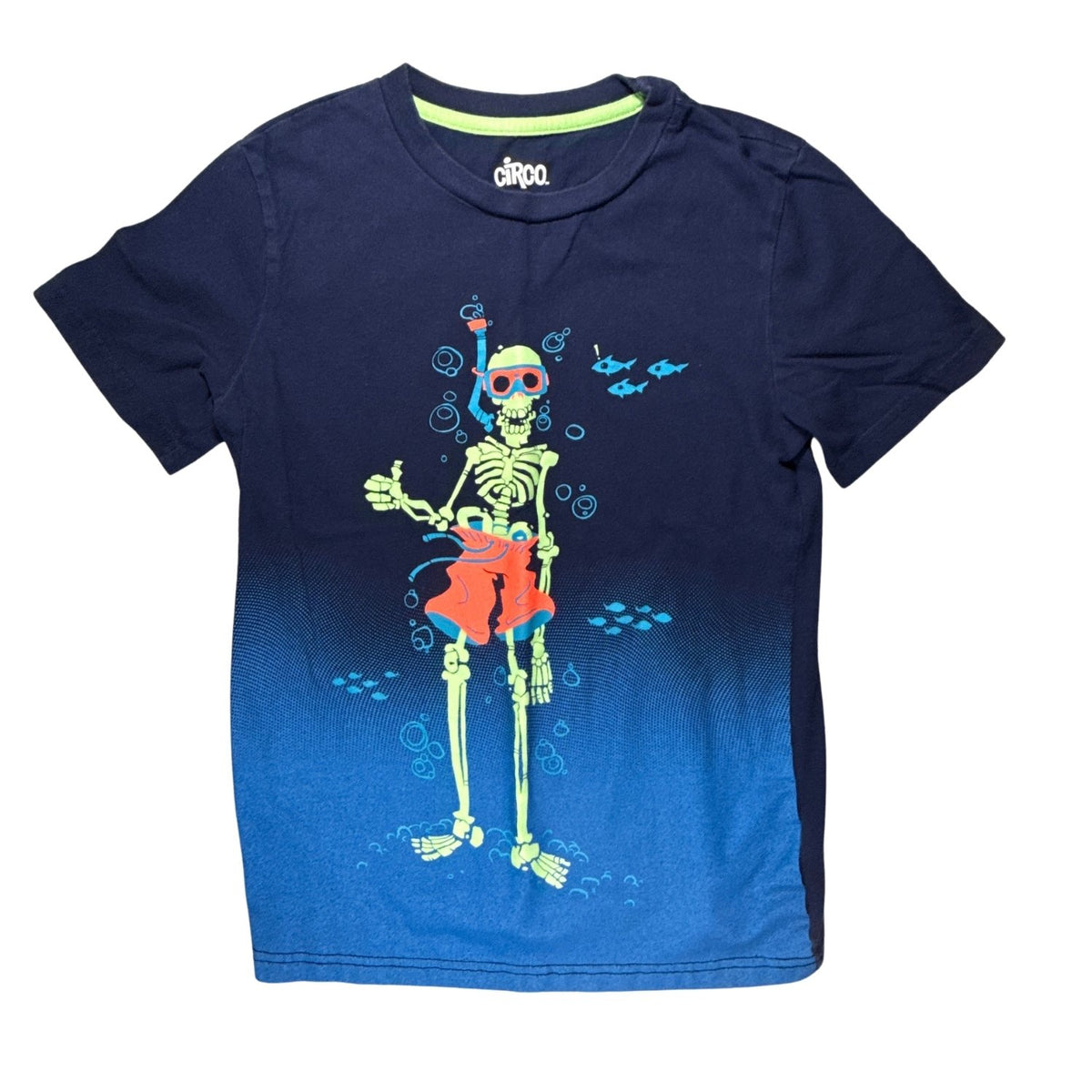 Circo boys navy short-sleeve T-shirt with a colorful snorkeling skeleton graphic, size Medium 8/10