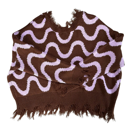 Back view of striped distressed sweater