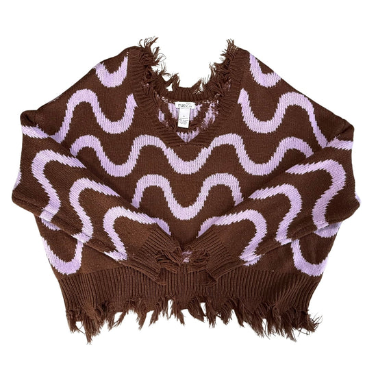 Brown sweater with purple wavy stripes and distressed hems