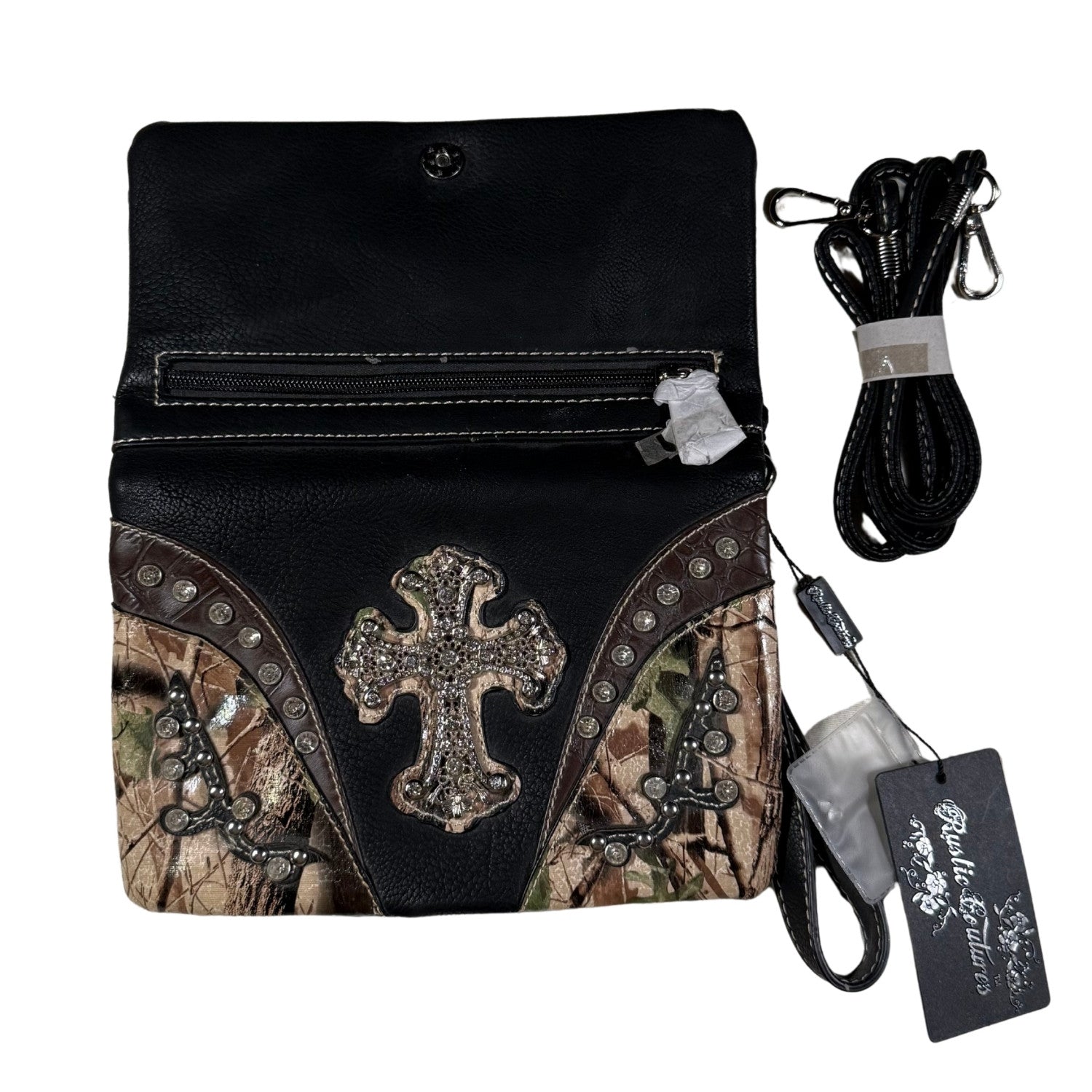 Black and camouflage cross-patterned pouch with lanyard and tags on a white background