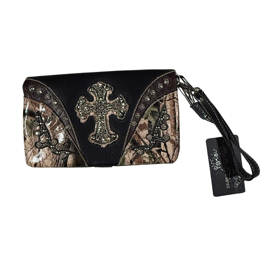Camo wallet wristlet with rhinestone cross embellishment front view