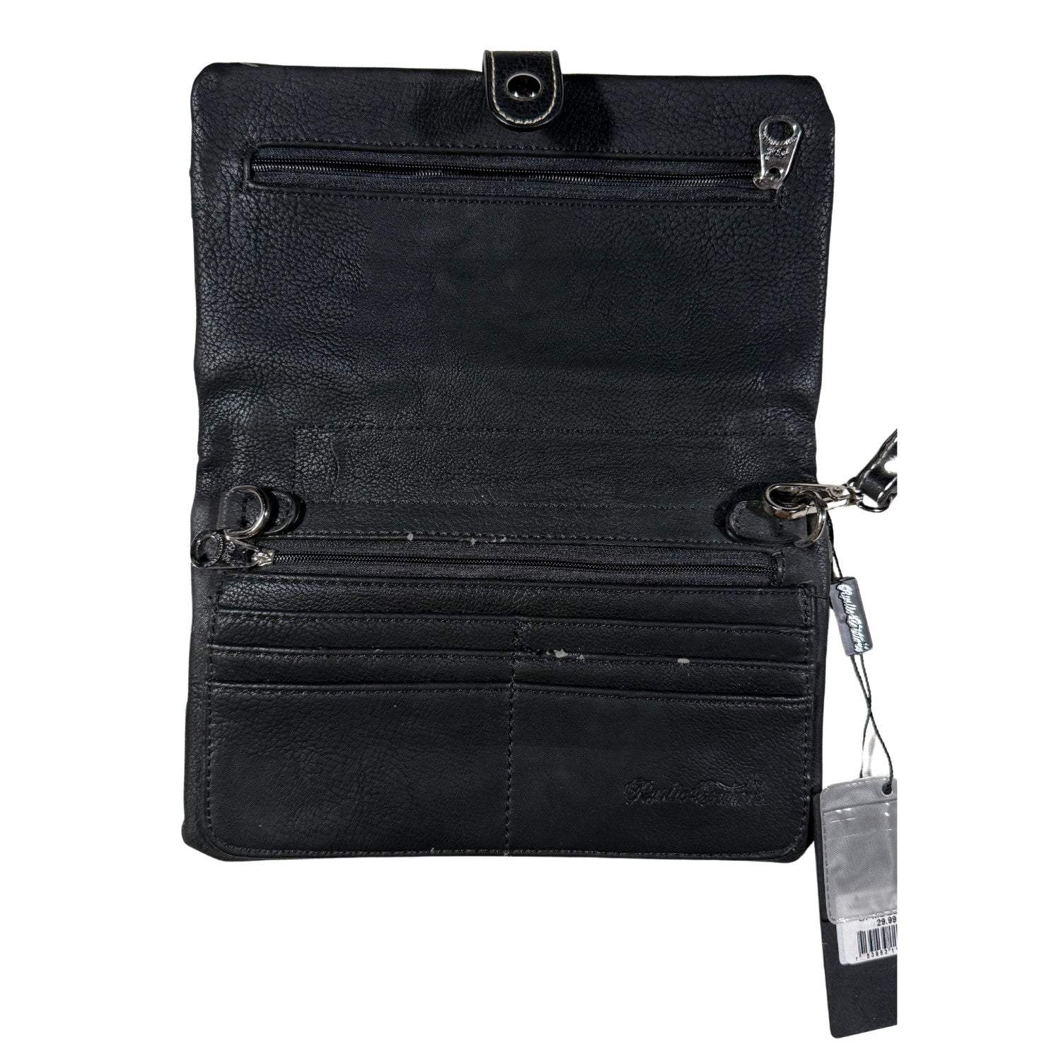 Black leather wallet with multiple compartments peeling faux leather on a white background
