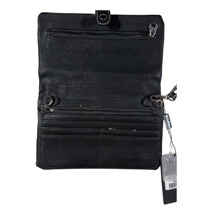 Black leather wallet with multiple compartments peeling faux leather on a white background