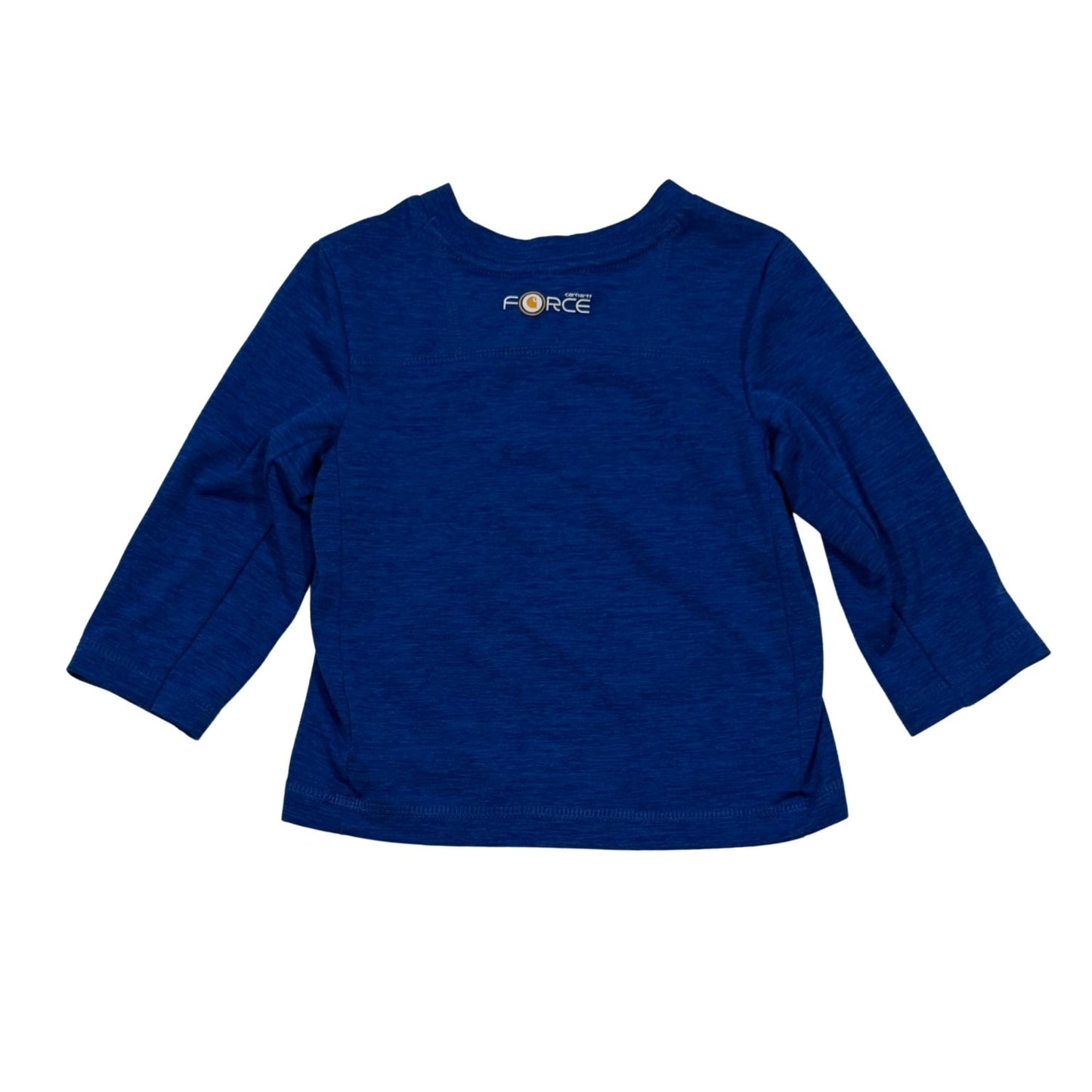 Back view of Carhartt heather blue long sleeve baby shirt size 9 months with Force logo