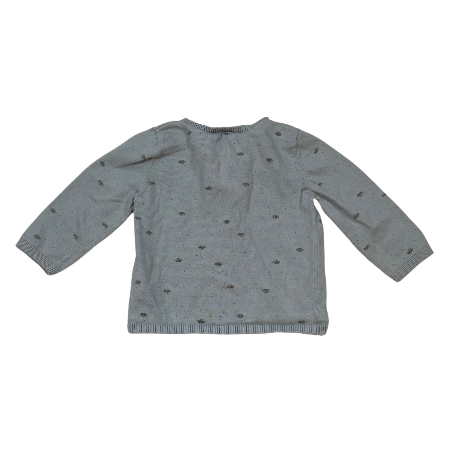 Back of Carter's 12 month dusty blue-gray triceratops knit sweater