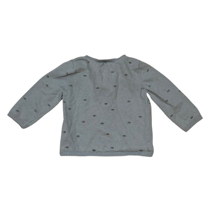Back of Carter's 12 month dusty blue-gray triceratops knit sweater