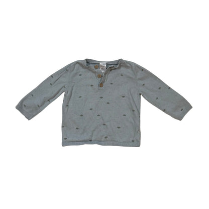 Carter's 12 month dusty blue-gray knit sweater with allover triceratops print and three-button Henley neckline