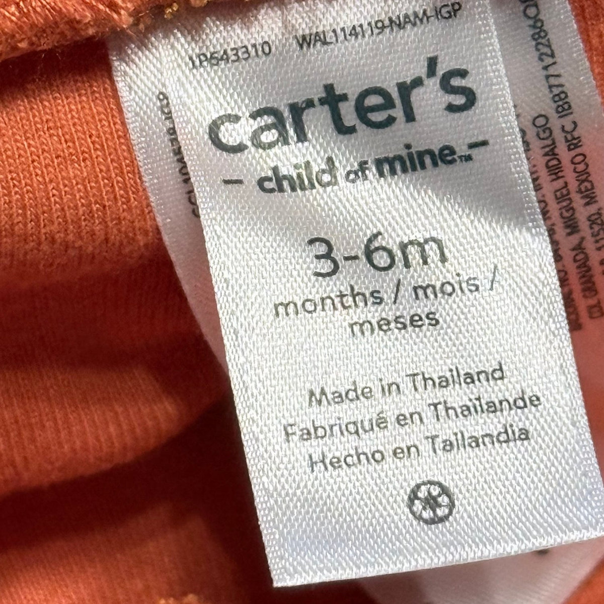 Carter's Child of Mine clothing label showing baby girls size 3–6 months.