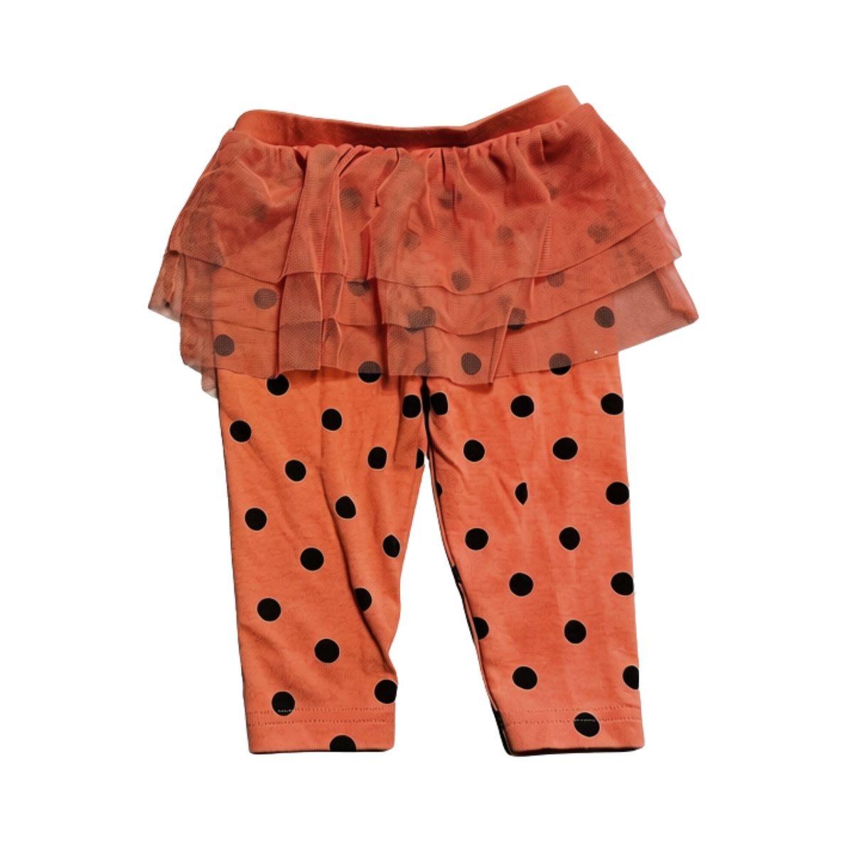 Carter's baby girls orange leggings with black polka dots and attached layered tulle tutu skirt, size 3–6 months.