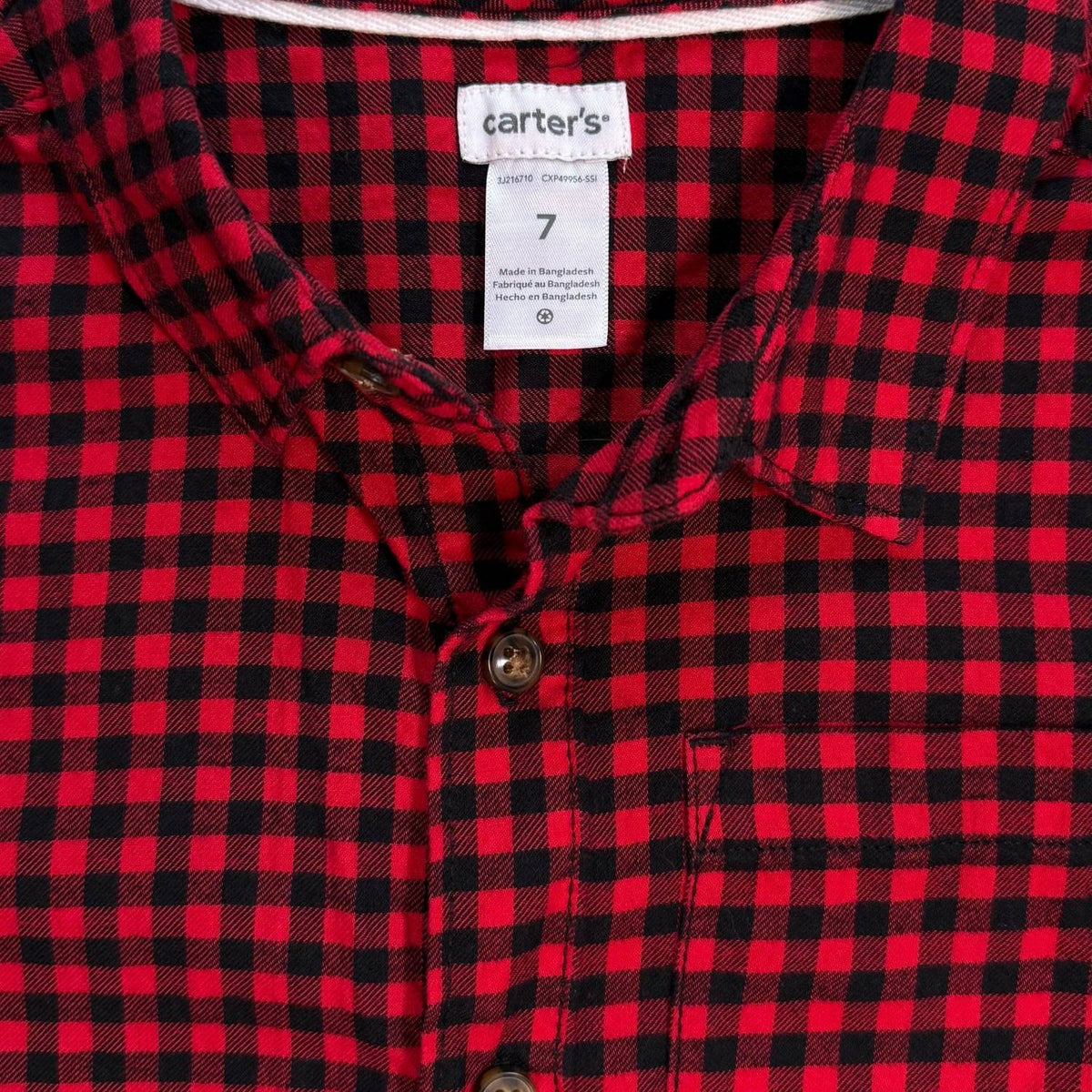 Carter’s boys red and black checkered shirt size 7 brand and size tag