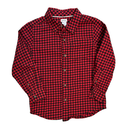Front view of Carter’s boys red and black checkered button-up shirt size 7 with chest pocket