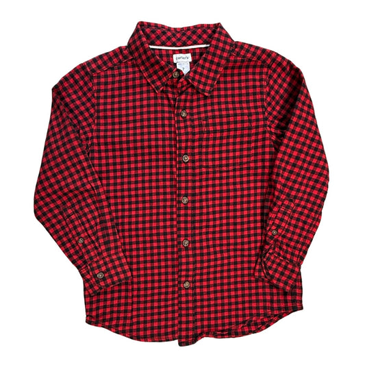 Front view of Carter’s boys red and black checkered button-up shirt size 7 with chest pocket