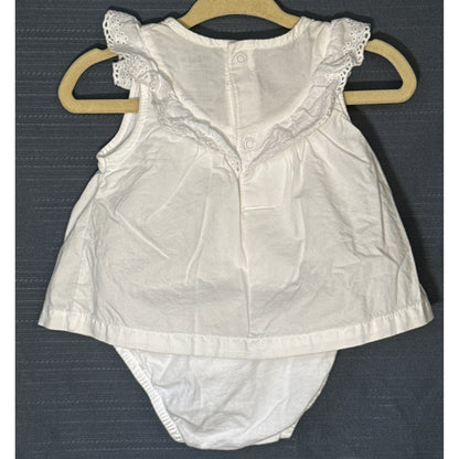 Back view of Carter's Child of Mine white baby girls' bodysuit dress, size 0–3 months, showing eyelet ruffles, back snaps, and dress overlay.