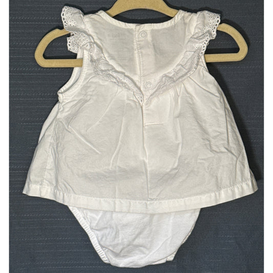 Back view of Carter's Child of Mine white baby girls' bodysuit dress, size 0–3 months, showing eyelet ruffles, back snaps, and dress overlay.