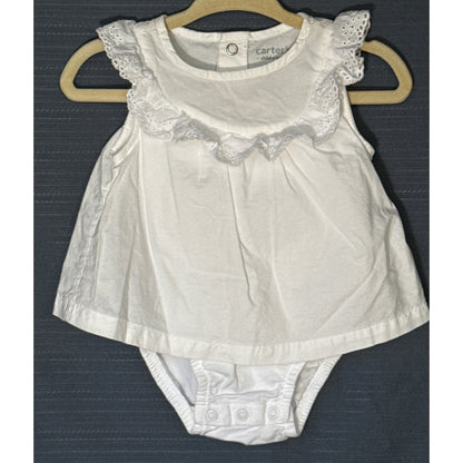 Front view of Carter's Child of Mine white cotton baby girls' bodysuit dress with eyelet ruffle trim and three-snap crotch closure.