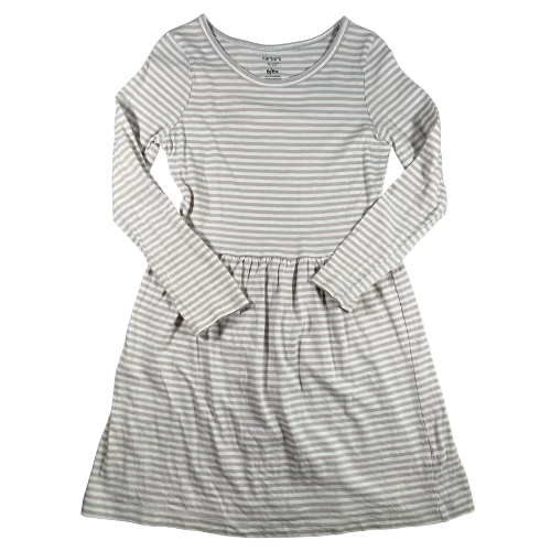 Pre-Owned Long Sleeve Cotton Dress Brand: Carter's KID Size: Little girl size 6/6X Color: Gray and white stripes Features: Long sleeves, round neck, cute stripes, soft cotton Material:  100% Cotton Condition:  Gently used, good condition.   Online thrift store - Our Families Attic