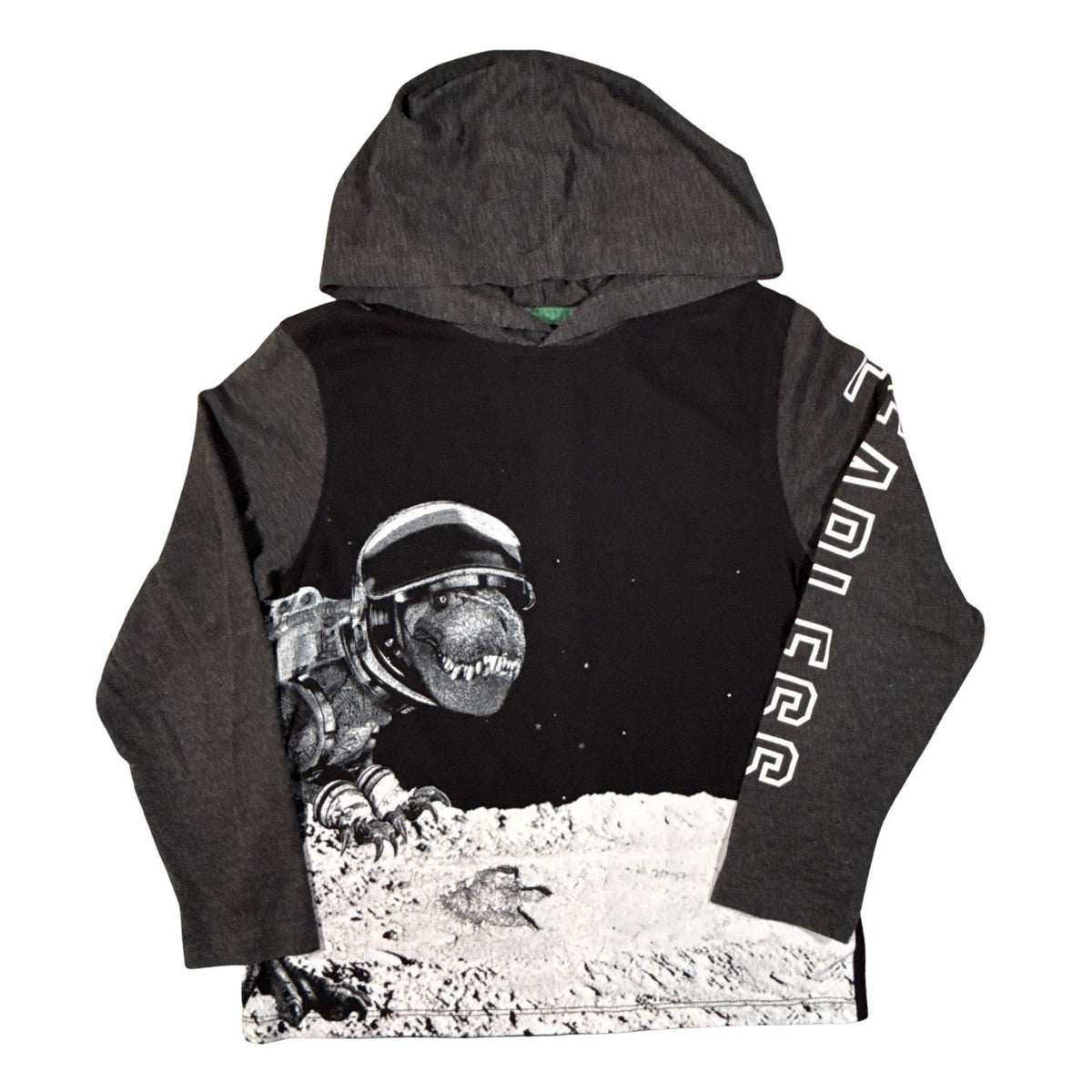 Old Navy boys size 8 medium black and gray hooded shirt with astronaut dinosaur graphic and FEARLESS sleeve
