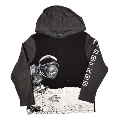 Old Navy boys size 8 medium black and gray hooded shirt with astronaut dinosaur graphic and FEARLESS sleeve