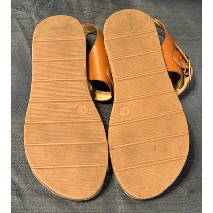 - Bottom view of Cat & Jack girls’ size 1 sandals showing the soles and tread.