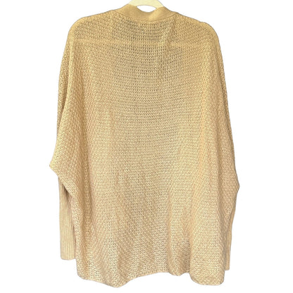 Back of a beige Cecico cocoon cardigan showing its wide draped shape, textured knit, and long ribbed cuffs.