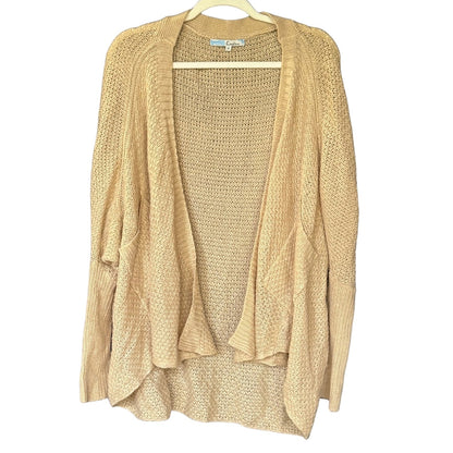 Front of a beige Cecico cardigan with a draped open front, roomy dolman sleeves, and long ribbed cuffs.