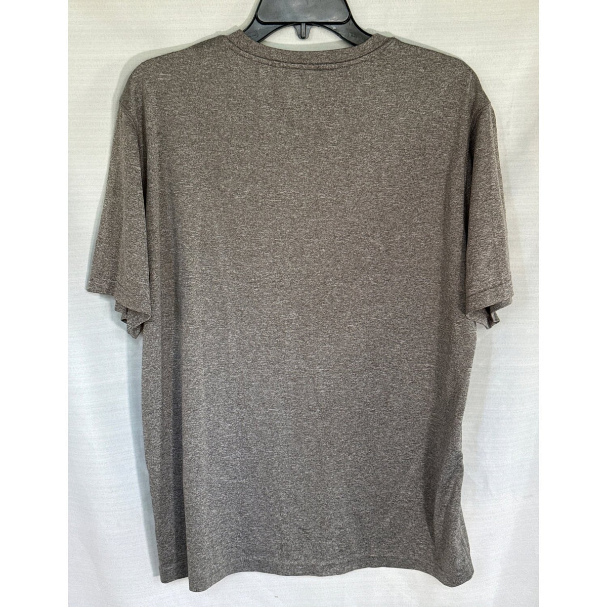 Back view of a heather gray Champion Duo Dry men’s large short-sleeve T-shirt.
