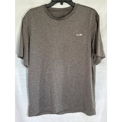Front view of a heather gray Champion Duo Dry men’s large crewneck T-shirt with a small white chest logo.