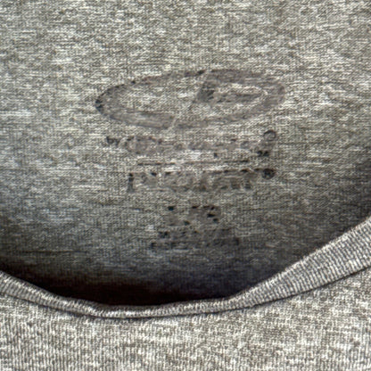 Close-up of the worn printed Champion Duo Dry neckline label on a heather gray shirt.