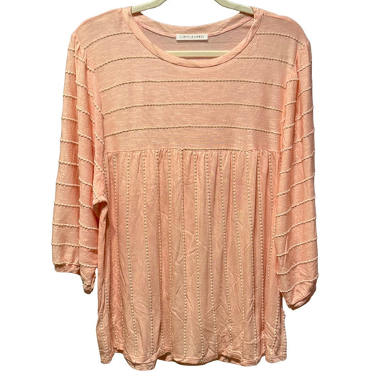 Chris & Carol women's light peach pink babydoll top in size Large featuring decorative stitched stripes and long sleeves.