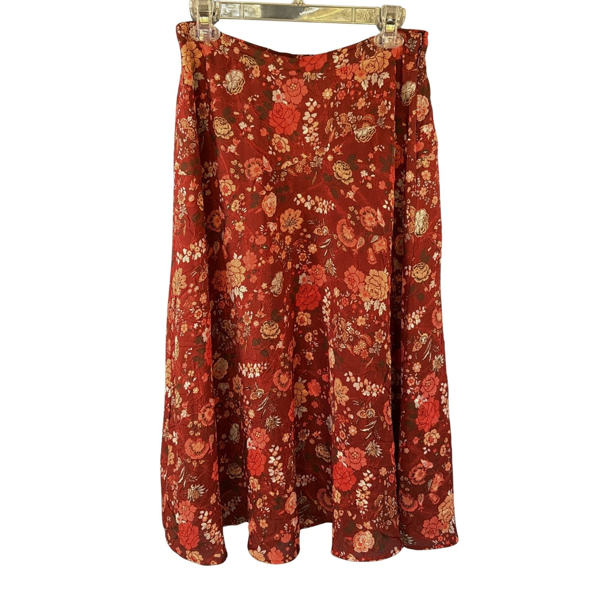 Christopher & Banks women's size 10 dark red floral A-line midi skirt with burnt orange and golden yellow flowers.