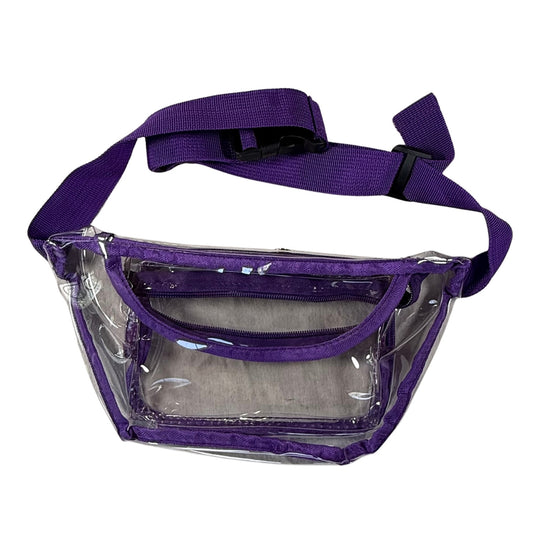 Clear fanny pack with purple trim adjustable strap front view