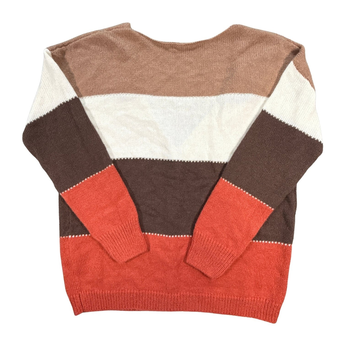 Back view of women’s Large color block cardigan in brown, rust orange, camel, and off-white