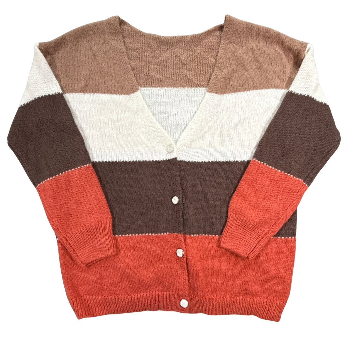 Front view of women’s Large color block button-front cardigan with faux pearl buttons