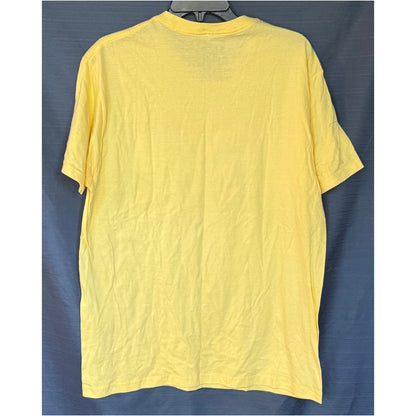 Back of men's Columbia PFG yellow short sleeve cotton T-shirt with plain yellow design and crew neckline.