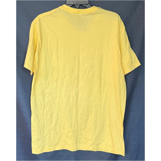Back of men's Columbia PFG yellow short sleeve cotton T-shirt with plain yellow design and crew neckline.